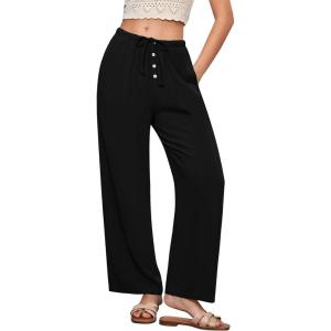 imageGRAPENT Linen Wide Leg Pants Woman High Waisted Pull On Button Drawstring Baggy Casual Summer Palazzo Pants with PocketsBlack