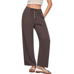 imageGRAPENT Linen Wide Leg Pants Woman High Waisted Pull On Button Drawstring Baggy Casual Summer Palazzo Pants with PocketsBrown