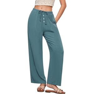 imageGRAPENT Linen Wide Leg Pants Woman High Waisted Pull On Button Drawstring Baggy Casual Summer Palazzo Pants with PocketsLake
