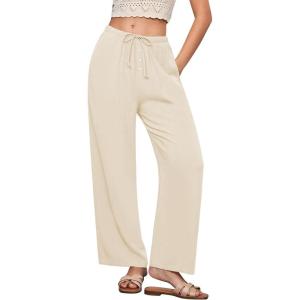 imageGRAPENT Linen Wide Leg Pants Woman High Waisted Pull On Button Drawstring Baggy Casual Summer Palazzo Pants with PocketsLight Beige