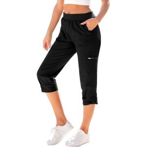 imageGRAPENT Capri Cargo Pants for Women High Waisted Pull On Elastic Waist Stretch Twill Fold Hem Capris Pants with PocketsBlack