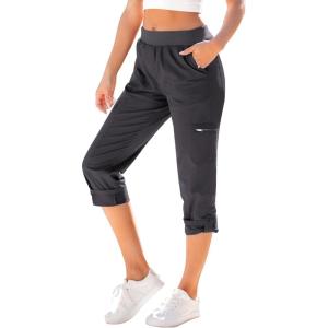 imageGRAPENT Capri Cargo Pants for Women High Waisted Pull On Elastic Waist Stretch Twill Fold Hem Capris Pants with PocketsDark Gray