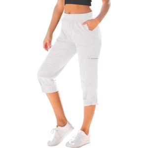 imageGRAPENT Capri Cargo Pants for Women High Waisted Pull On Elastic Waist Stretch Twill Fold Hem Capris Pants with PocketsIvory White