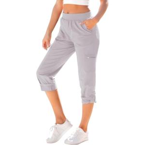 imageGRAPENT Capri Cargo Pants for Women High Waisted Pull On Elastic Waist Stretch Twill Fold Hem Capris Pants with PocketsLight Gray