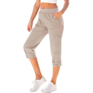 imageGRAPENT Capri Cargo Pants for Women High Waisted Pull On Elastic Waist Stretch Twill Fold Hem Capris Pants with PocketsLight Taupe