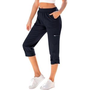 imageGRAPENT Capri Cargo Pants for Women High Waisted Pull On Elastic Waist Stretch Twill Fold Hem Capris Pants with PocketsNavy Blue