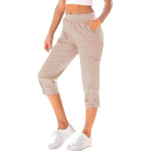 imageGRAPENT Capri Cargo Pants for Women High Waisted Pull On Elastic Waist Stretch Twill Fold Hem Capris Pants with PocketsPioneer Beige