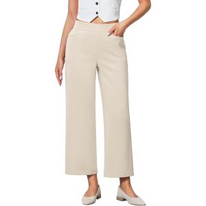 imageGRAPENT Cropped Pants for Women Trendy Business Casual High Waisted Pull On Wide Leg Stretchy Dress Pants with PocketsBeige