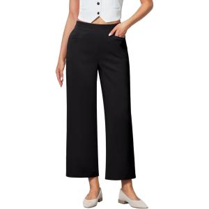 imageGRAPENT Cropped Pants for Women Trendy Business Casual High Waisted Pull On Wide Leg Stretchy Dress Pants with PocketsBlack