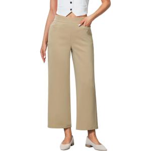 imageGRAPENT Cropped Pants for Women Trendy Business Casual High Waisted Pull On Wide Leg Stretchy Dress Pants with PocketsKhaki