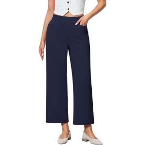 imageGRAPENT Cropped Pants for Women Trendy Business Casual High Waisted Pull On Wide Leg Stretchy Dress Pants with PocketsNavy