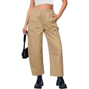 imageGRAPENT Wide Leg Pants Woman High Waisted Trendy Cropped Barrel Pull On Baggy Elastic Waist Loose Fit Pants with PocketsAlmond