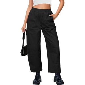 imageGRAPENT Wide Leg Pants Woman High Waisted Trendy Cropped Barrel Pull On Baggy Elastic Waist Loose Fit Pants with PocketsBlack