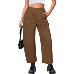 imageGRAPENT Wide Leg Pants Woman High Waisted Trendy Cropped Barrel Pull On Baggy Elastic Waist Loose Fit Pants with PocketsBrown