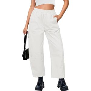 imageGRAPENT Wide Leg Pants Woman High Waisted Trendy Cropped Barrel Pull On Baggy Elastic Waist Loose Fit Pants with PocketsCream White