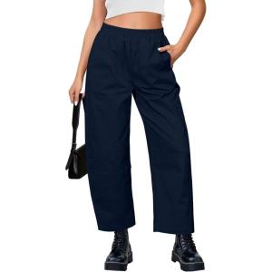 imageGRAPENT Wide Leg Pants Woman High Waisted Trendy Cropped Barrel Pull On Baggy Elastic Waist Loose Fit Pants with PocketsNavy Blue