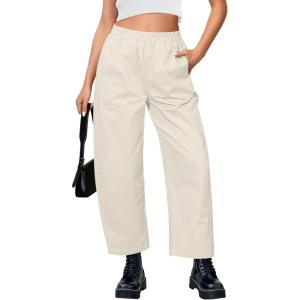 imageGRAPENT Wide Leg Pants Woman High Waisted Trendy Cropped Barrel Pull On Baggy Elastic Waist Loose Fit Pants with PocketsOatmeal