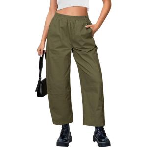 imageGRAPENT Wide Leg Pants Woman High Waisted Trendy Cropped Barrel Pull On Baggy Elastic Waist Loose Fit Pants with PocketsOlive