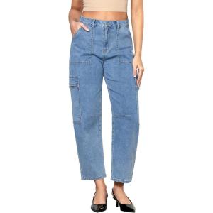 imageGRAPENT Barrel Jeans for Women Trendy High Waisted Cropped Cargo Pocket Baggy Stretch Denim Pants Wide Leg Tapered JeansBay Blue