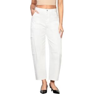 imageGRAPENT Barrel Jeans for Women Trendy High Waisted Cropped Cargo Pocket Baggy Stretch Denim Pants Wide Leg Tapered JeansCream White