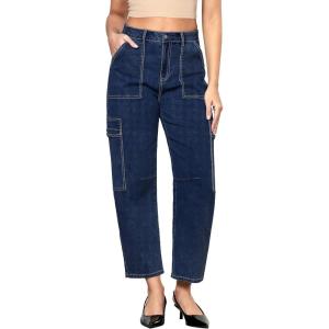 imageGRAPENT Barrel Jeans for Women Trendy High Waisted Cropped Cargo Pocket Baggy Stretch Denim Pants Wide Leg Tapered JeansNightfall Blue