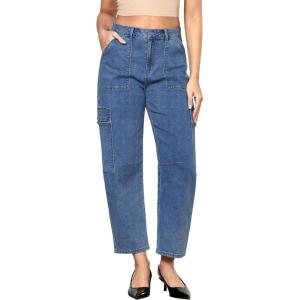 imageGRAPENT Barrel Jeans for Women Trendy High Waisted Cropped Cargo Pocket Baggy Stretch Denim Pants Wide Leg Tapered JeansReef Blue