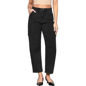 imageGRAPENT Barrel Jeans for Women Trendy High Waisted Cropped Cargo Pocket Baggy Stretch Denim Pants Wide Leg Tapered JeansTrue Black