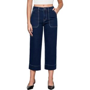 imageGRAPENT Capri Jeans for Women High Waisted Wide Leg Trendy Strechy Loose Straight Cropped Denim Jeans Pants with PocketsDark Blue