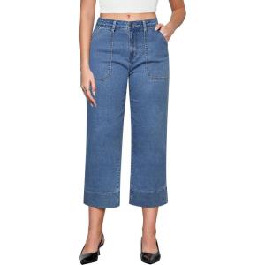 imageGRAPENT Capri Jeans for Women High Waisted Wide Leg Trendy Strechy Loose Straight Cropped Denim Jeans Pants with PocketsReef Blue