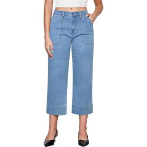 imageGRAPENT Capri Jeans for Women High Waisted Wide Leg Trendy Strechy Loose Straight Cropped Denim Jeans Pants with PocketsRoadknight Blue
