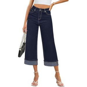 imageGRAPENT Wide Leg Jeans for Women High Waisted Stretchy Denim Crop Pants Fold Hem Cropped Baggy Jeans with PocketsRaw Dark Blue