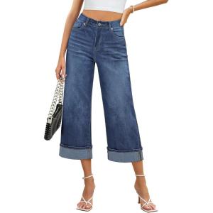 imageGRAPENT Wide Leg Jeans for Women High Waisted Stretchy Denim Crop Pants Fold Hem Cropped Baggy Jeans with PocketsReef Blue