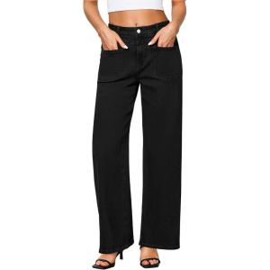 imageGRAPENT Wide Leg Jeans for Women Trendy High Waisted Loose Straight Leg Stretchy Retro Denim Pants with Pouch PocketsBlack