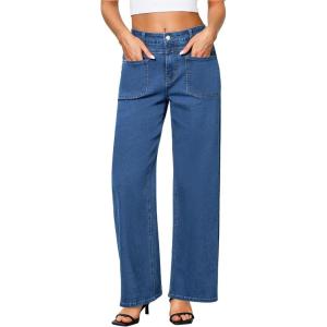 imageGRAPENT Wide Leg Jeans for Women Trendy High Waisted Loose Straight Leg Stretchy Retro Denim Pants with Pouch PocketsClassic Blue