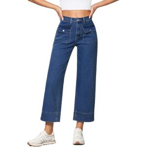imageGRAPENT Wide Leg Jeans for Women Trendy High Waisted Straight Leg Cropped Stretchy Denim Pants with Retro Patch PocketsClassic Blue