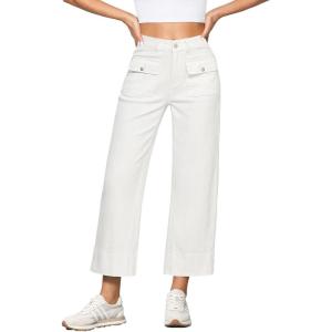 imageGRAPENT Wide Leg Jeans for Women Trendy High Waisted Straight Leg Cropped Stretchy Denim Pants with Retro Patch PocketsCream White