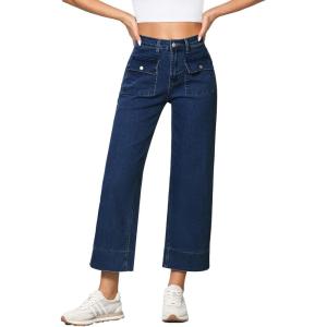 imageGRAPENT Wide Leg Jeans for Women Trendy High Waisted Straight Leg Cropped Stretchy Denim Pants with Retro Patch PocketsNightfall Blue