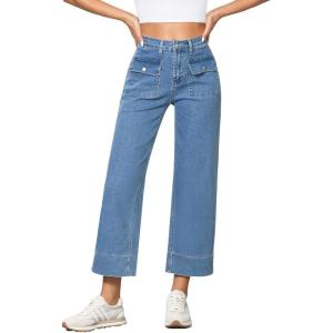 imageGRAPENT Wide Leg Jeans for Women Trendy High Waisted Straight Leg Cropped Stretchy Denim Pants with Retro Patch PocketsSeaside Blue