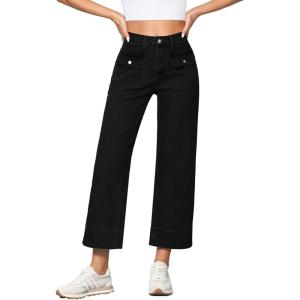 imageGRAPENT Wide Leg Jeans for Women Trendy High Waisted Straight Leg Cropped Stretchy Denim Pants with Retro Patch PocketsWashed Black