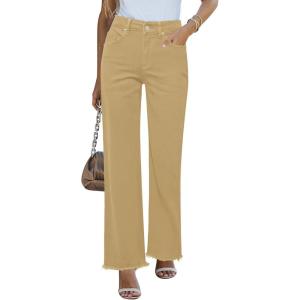 imageGRAPENT Straight Leg Jeans for Women High Waisted Stretchy Frayed Raw Hem Loose Denim Pants Casual Baggy Jean TrousersBritish Khaki