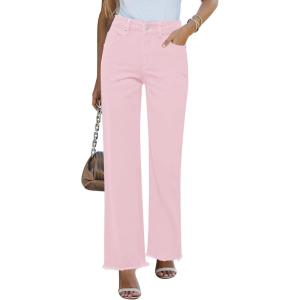 imageGRAPENT Straight Leg Jeans for Women High Waisted Stretchy Frayed Raw Hem Loose Denim Pants Casual Baggy Jean TrousersCandy Pink