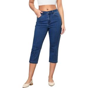 imageGRAPENT Capri Jeans for Women High Waisted Stretchy Denim Capris Front Seamed Cropped Skinny Slim Fit Jeans with PocketsDark Blue
