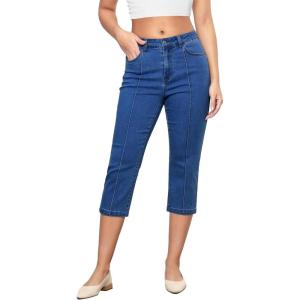 imageGRAPENT Capri Jeans for Women High Waisted Stretchy Denim Capris Front Seamed Cropped Skinny Slim Fit Jeans with PocketsMedium Blue