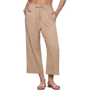 imageGRAPENT Linen Pants for Women High Waisted Wide Leg Capri Elastic Waist Casual Beach Flowy Cropped Summer Capris PantsAlmond