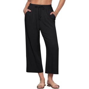 imageGRAPENT Linen Pants for Women High Waisted Wide Leg Capri Elastic Waist Casual Beach Flowy Cropped Summer Capris PantsBlack