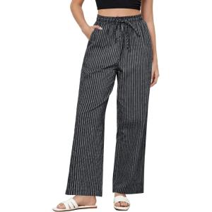 imageGRAPENT Striped Pants for Women High Waisted Wide Leg Cotton Linen Trendy Beach Pull On Elastic Waist Casual Flowy PantsBlack White Stripe