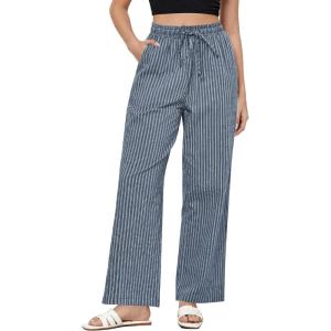imageGRAPENT Striped Pants for Women High Waisted Wide Leg Cotton Linen Trendy Beach Pull On Elastic Waist Casual Flowy PantsBlue Stripe