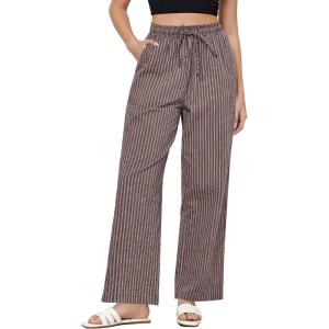 imageGRAPENT Striped Pants for Women High Waisted Wide Leg Cotton Linen Trendy Beach Pull On Elastic Waist Casual Flowy PantsBrown White Stripe