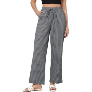 imageGRAPENT Striped Pants for Women High Waisted Wide Leg Cotton Linen Trendy Beach Pull On Elastic Waist Casual Flowy PantsGray Black Stripe