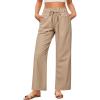 imageGRAPENT Linen Pants Women Wide Leg High Waisted Flowy Summer Beach Elastic Waist Pull On Baggy Palazzo Pants with PocketAlmond